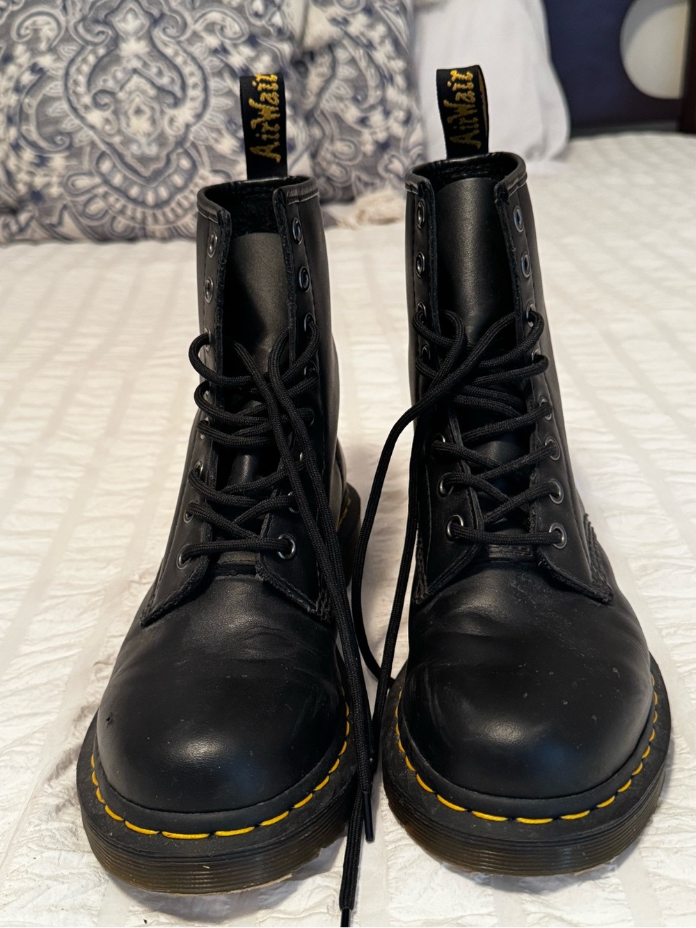 Dr. Martens Black Leather 8-Eye Lace-Up Boots with Yellow Stitching